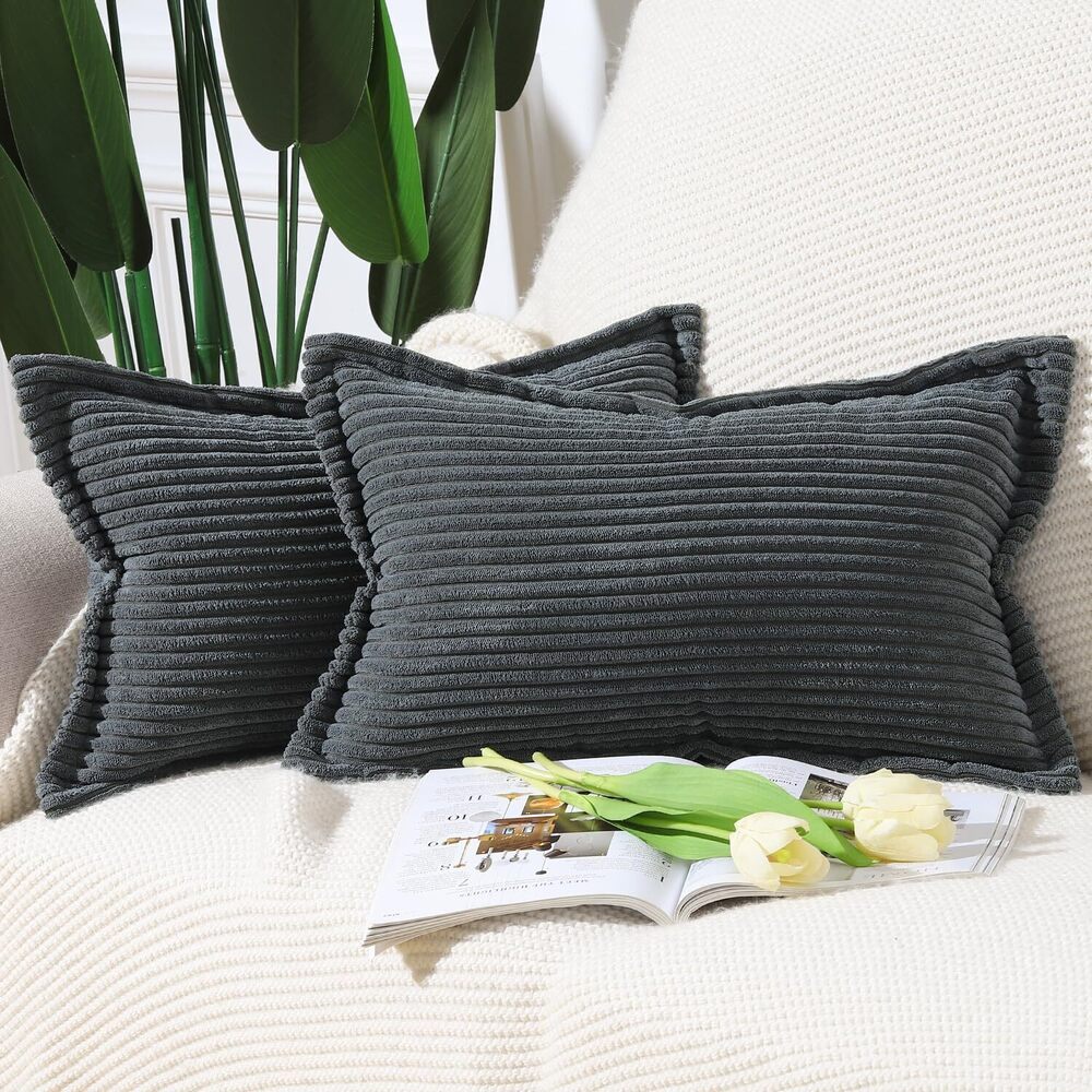 7449 Dark Grey Corduroy Throw Pillow Covers 12x20 inch with Fringe Edge Set